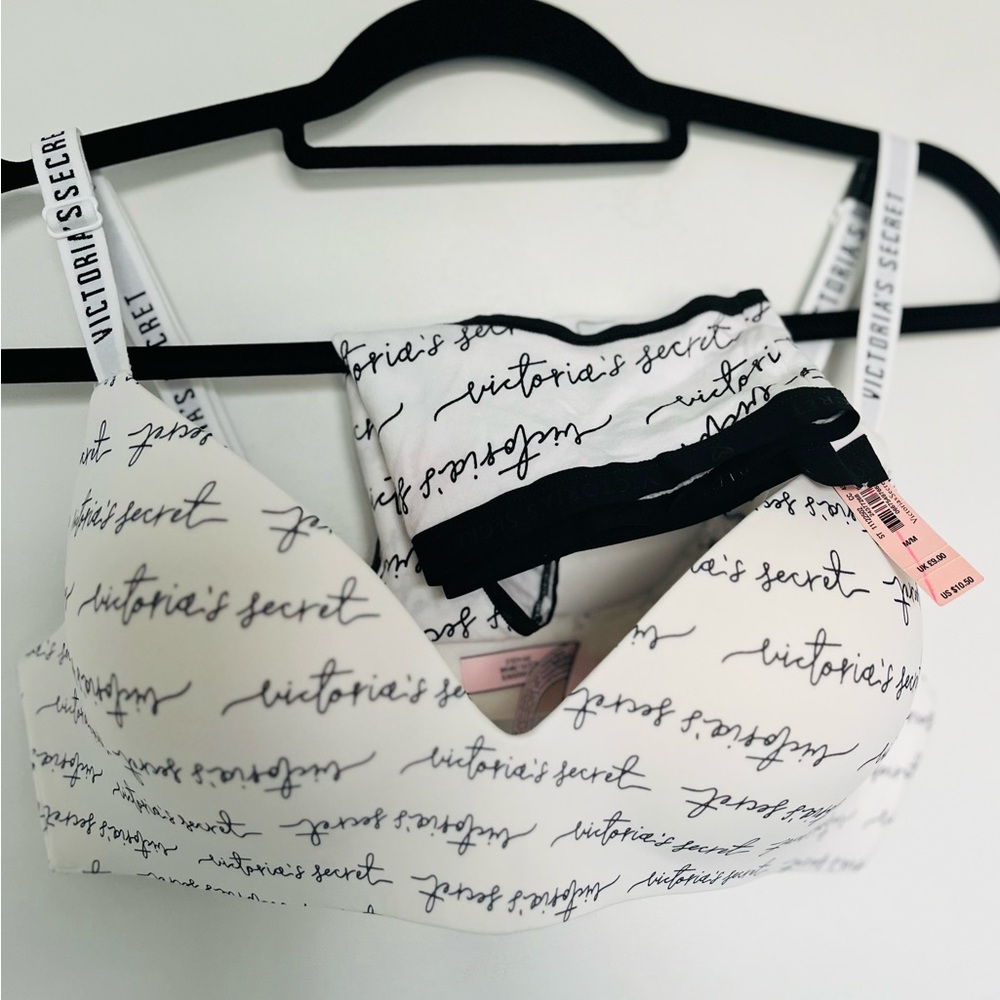 Victoria's Secret White Black Cotton Hi-Leg Panties Briefs Signature with bra